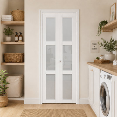  3-Lite Frosted Glass Bifold Door, Solid Manufactured Wood Bifold Closet Door, Interior Folding Door with Hardware Kit for Closet, Pantry, Bathroom, Laundry Room 36"x80"