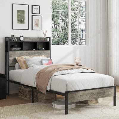 Twin Size Wooden Platform Bed Frame with Storage & 2 USB Ports, No Box Spring Needed, Easy Assembly, Antique Gray
