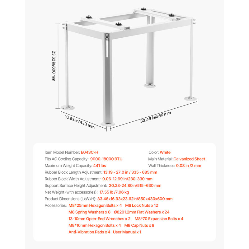 Mini socle divisé réglable anti-vibration pour 9 000 à 36 000 BTU, H 23,62 po x l 33,46 po x P 16,93 po