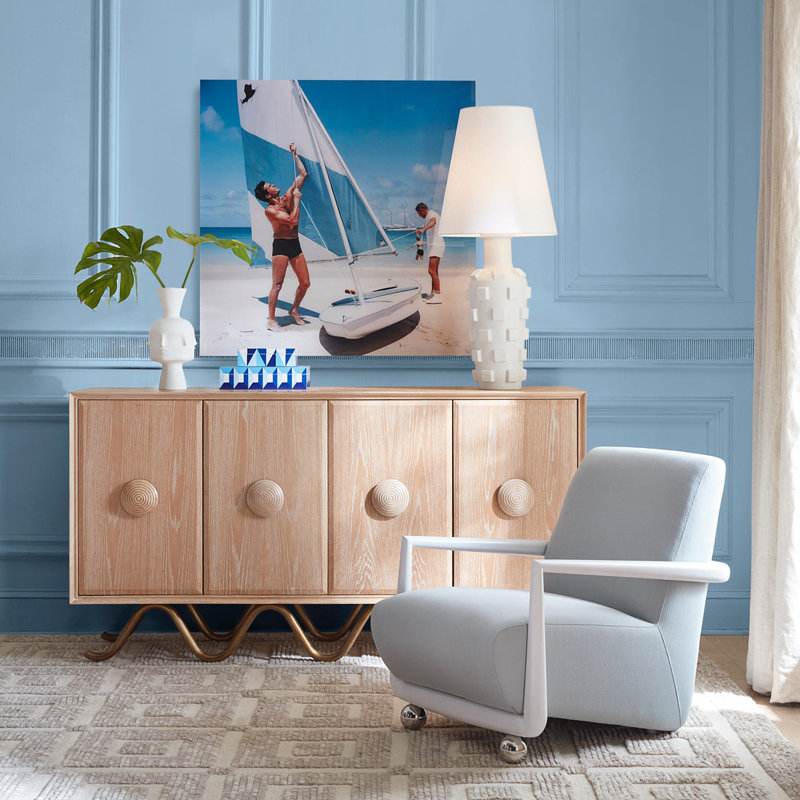Brussels Grand Oak Buffet with Brushed Brass Base and Velvet-Lined Drawers