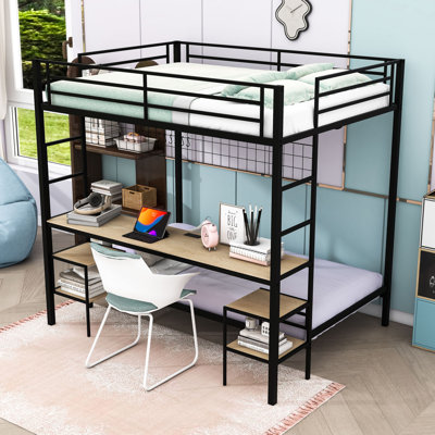 Bunk Bed With Desk, Charging Station And Storage Shelves