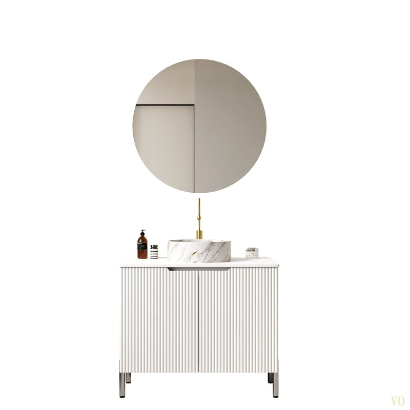 Meuble-lavabo de salle de bain 30 po avec lavabo, meuble de rangement autoportant avec 2 portes, lavabo rond en céramique avec motif en pierre et comptoir de Carrare, sans robinet