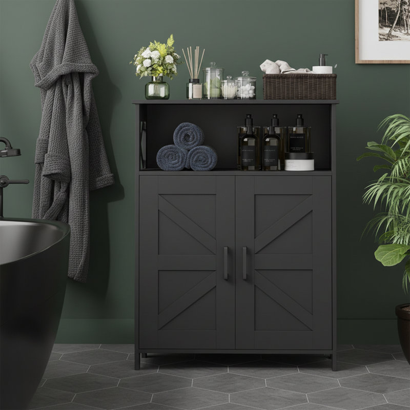 23.6" Wide Farmhouse Bathroom Storage Cabinet With Adjustable Shelves And Barn Doors - White, Black