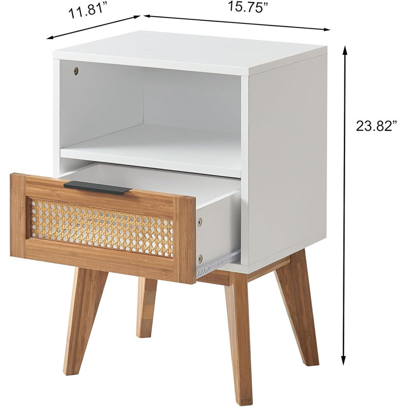 Nightstand, Boho Side Table with Drawer Open Shelf