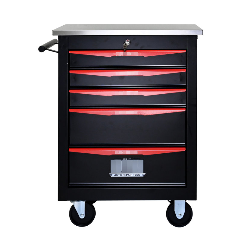 Chariot multifonctionnel à 5 outils sur roulettes - métal noir + chariot à 5 tiroirs rouge avec serrure à clé, Noir / Rouge