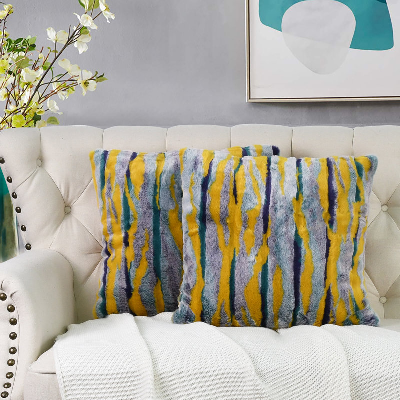 Multi Jacquard Faux Fur Euro Pillow Cover, 20" x 20", Teal