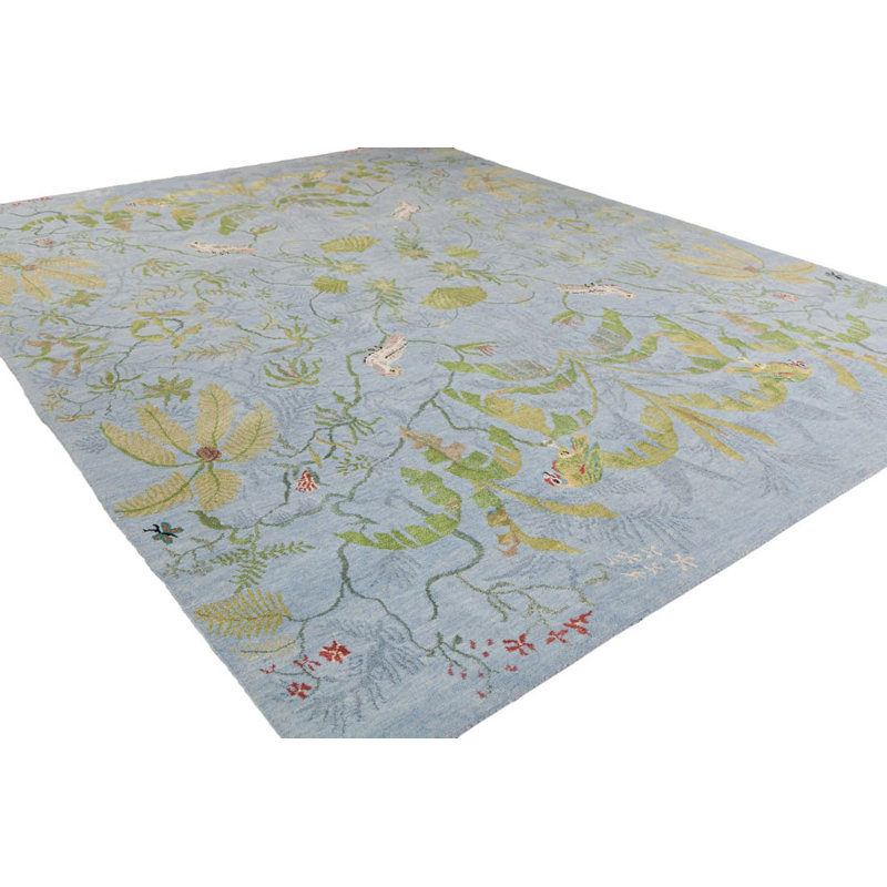 Paradiso Hand Knotted Wool Floral Area Rug in Blue/Gold/Caramel, Rectangle 9' x 12'