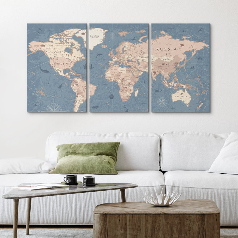 Pastel World Map 3-Piece Canvas Print Set