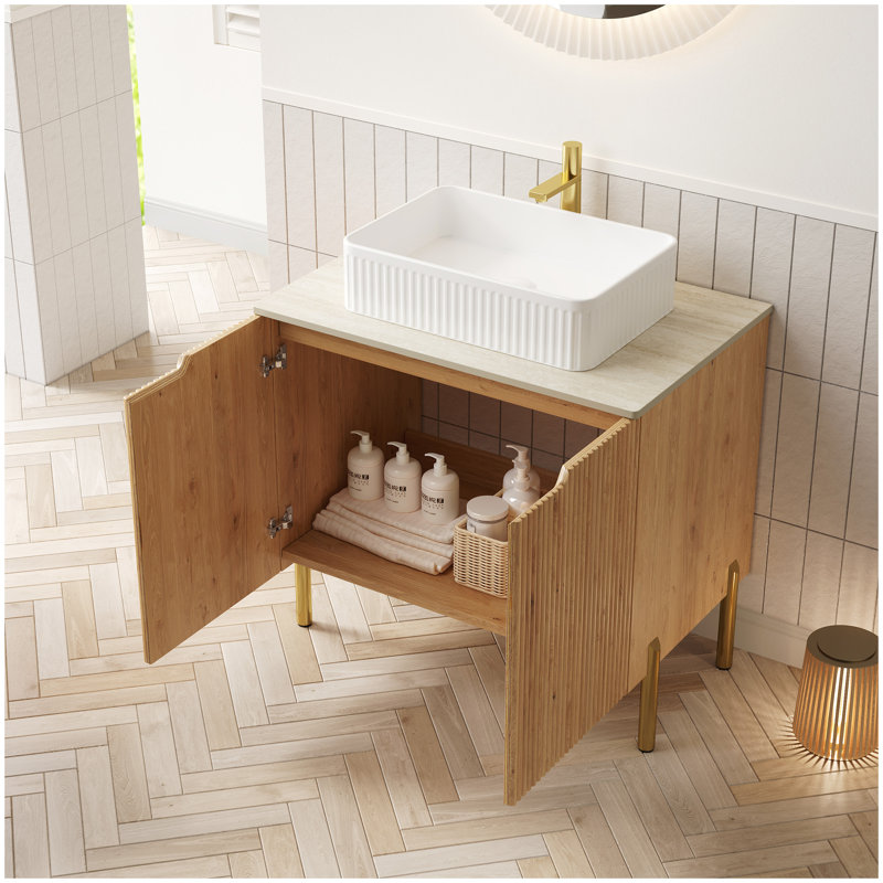 Meuble-lavabo autoportant en contreplaqué avec 2 portes, vasque rectangulaire en céramique blanche TURIO et lavabo en pierre frittée à motif de travertin Roma