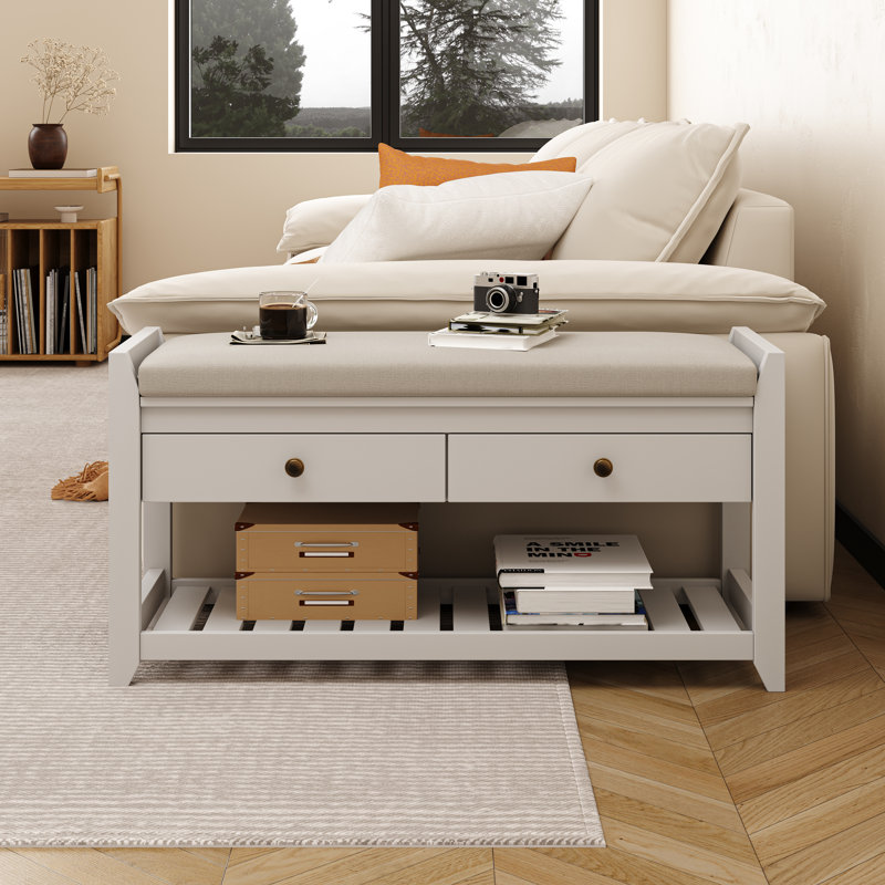 Etom Upholstered End Table With Storage Drawers And Shoe Rack, White