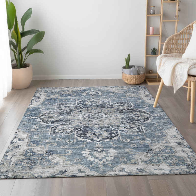 Tapis bleu Premium Barayon AMF93 lavable à la machine, Rectangle 10 pi x 14 pi