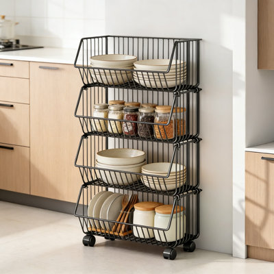 4-Tier Stackable Metal Wire Storage Basket With Wheels, Kitchen Pantry Organizer For Fruits, Vegetables, Food, And Dry Goods
