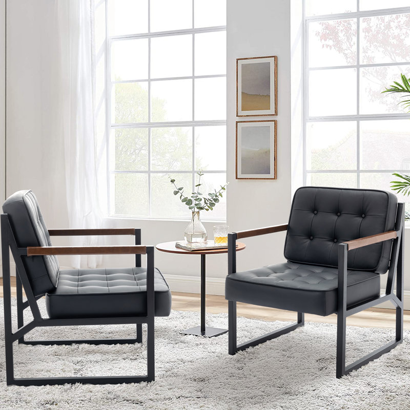 Modern Faux Leather Tufted Back Accent Chair with Metal Frame, Black Faux Leather