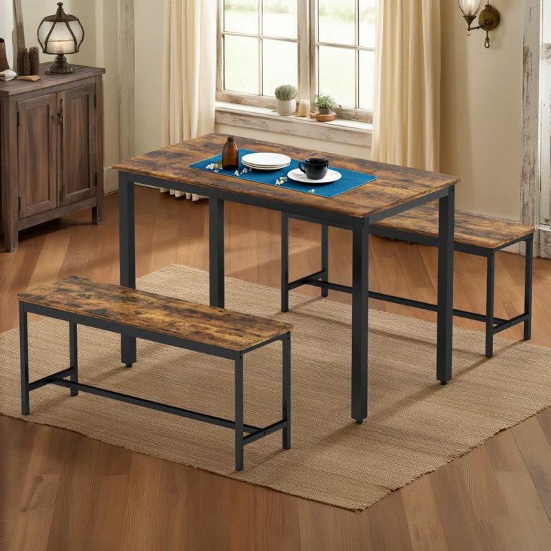 Industrial Bar Table Set with 2 Benches, Rustic 43.3" Counter Height, Space-Saving