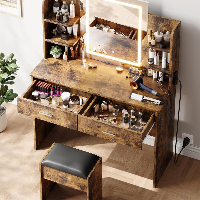 Vanity Desk with Lighted Mirror - Makeup Vanity Set with Power Outlet/Cushioned Stool - Vanity Table with 6 Storage Shelves - 2 Large Drawers and 3 Color Light Adjustable Brightness - Brown