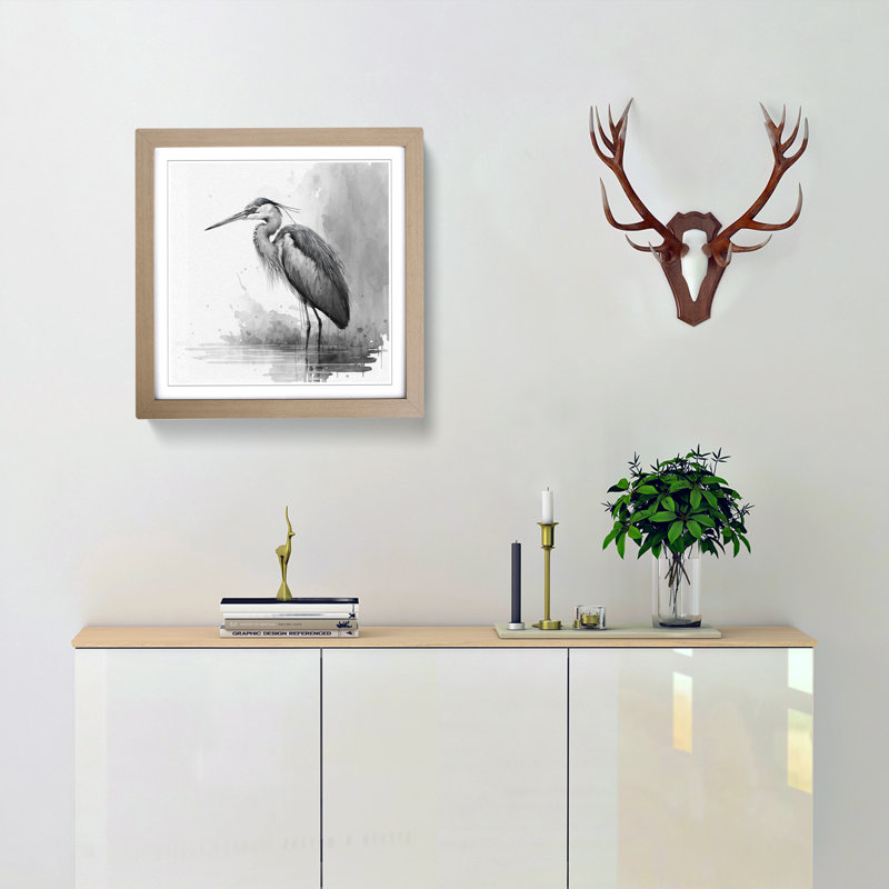 Heron Ink Wash - Framed Print, Oak
