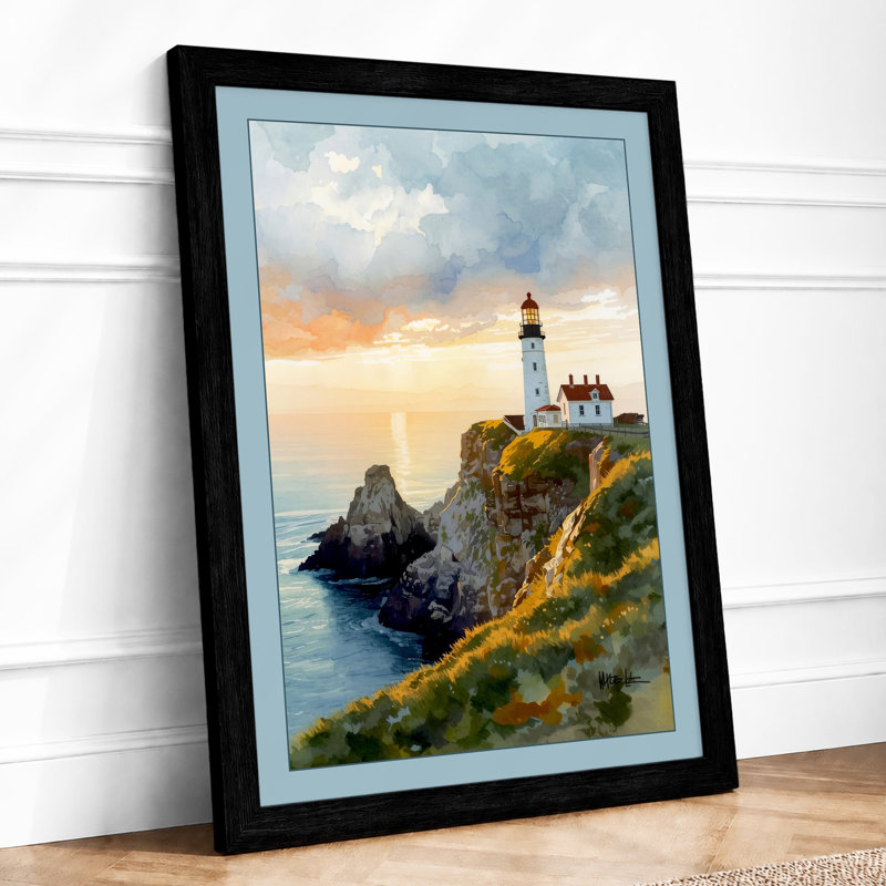 Lighthouse at Dawn Coastal - Framed Print, A2 - 59.4 x 42.0 cm, Black