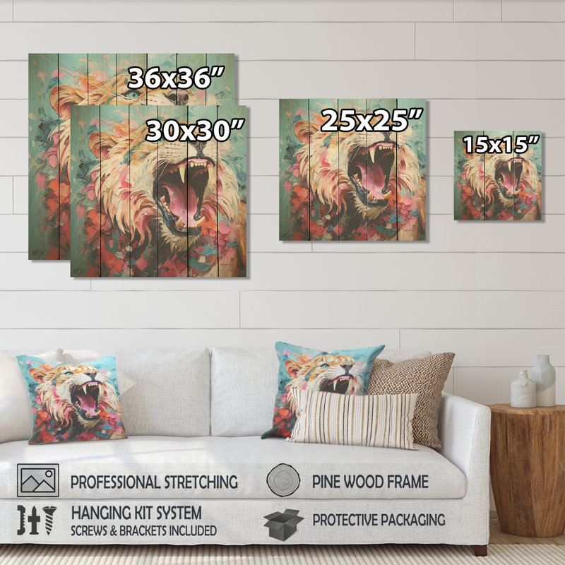 Lion brun et brun - lion animal sur bois, H 15 po x l 15 po