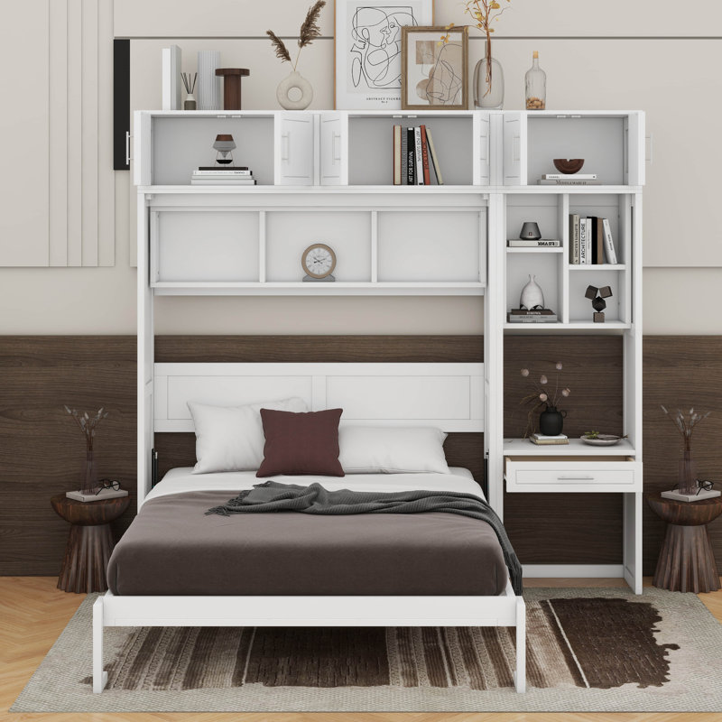 Lit escamotable mural avec bureau, armoire supérieure et tablettes de rangement, Blanc, Grand lit