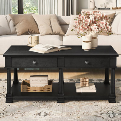 Farmhouse Wooden Coffee Table with 2 Storage Drawers & Lower Open Shelf, Rectangular Cocktail Table with  Wood Legs for Living Room