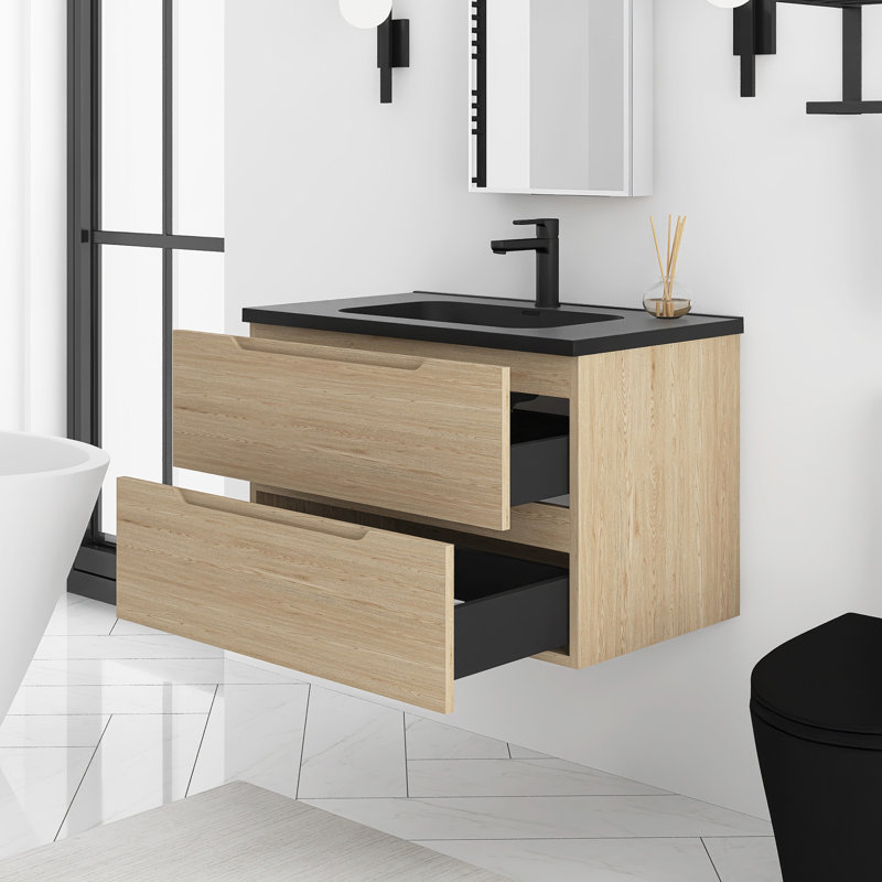 Meuble-lavabo mural simple 32 po en chêne Evita avec plateau en quartz intégré