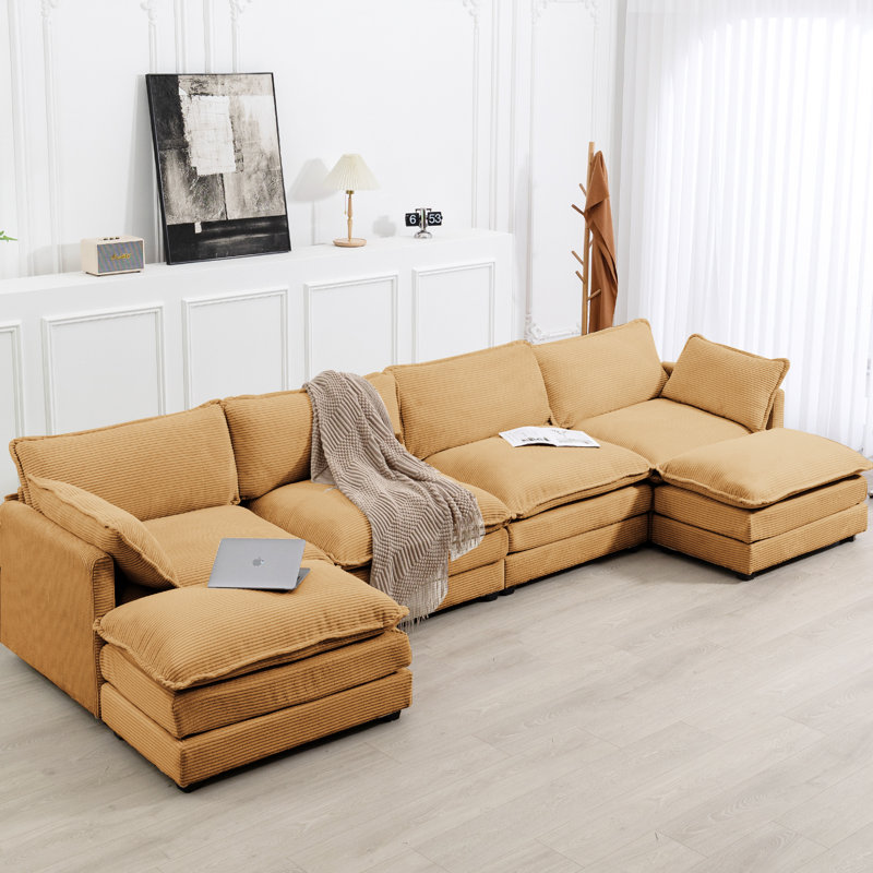 Redenius 6-Piece 148'' Upholstered U-Shape Sectional, Yellow Corduroy