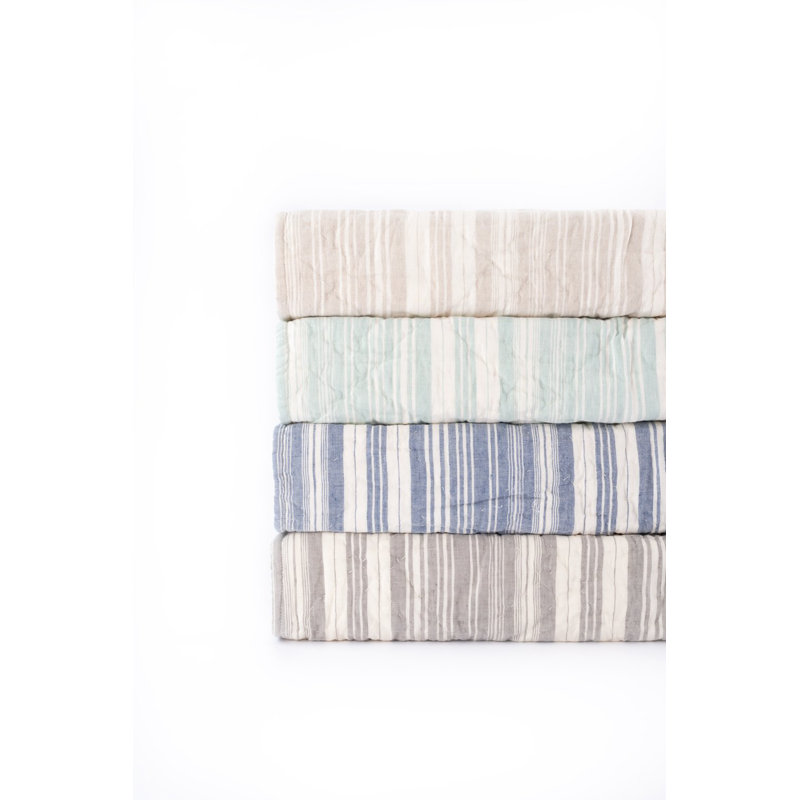 Twin Blue and White Striped Textured Quilt Set