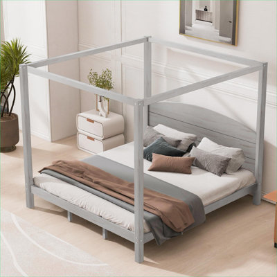 King Sized Canopy Platform Bed for Bedroom, Cool Gray Solid Pine with Headboard and Support Legs