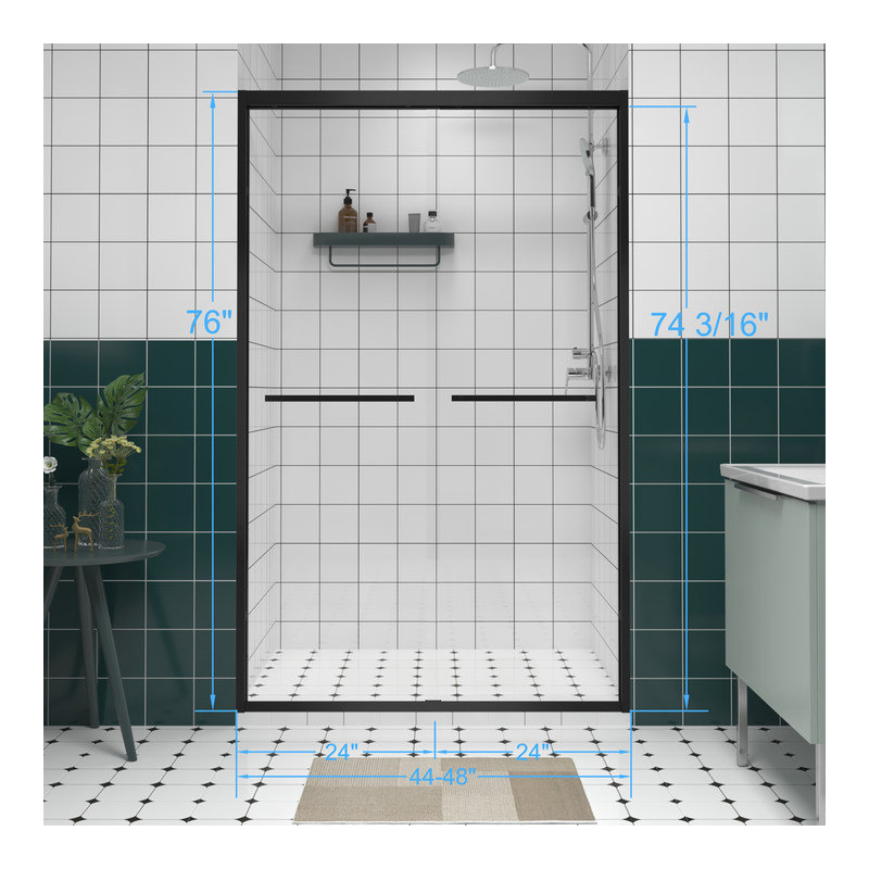 Aluminum Frame Double Sliding Shower Door With 1/4" Clear Tempered Glass And Matte Black Finish