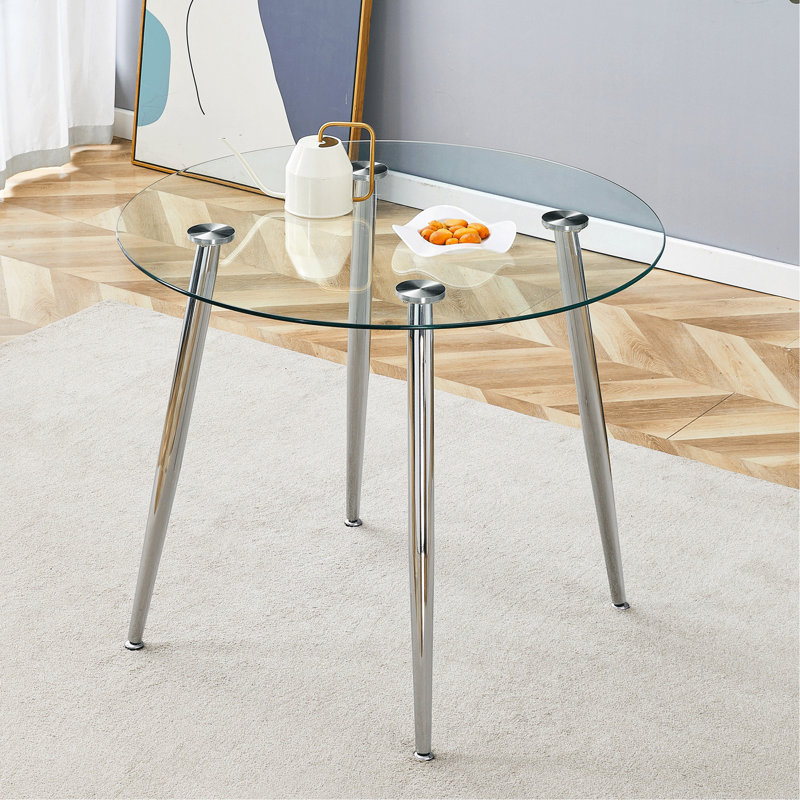 Table de salle à manger Chawki avec plateau en verre et pieds en métal, Argent argent, H 30 po x l 36 po x P 36 po
