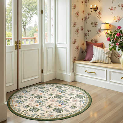 Chinoiserie Floral Rug Vintage Romance Design Washable Non-slip Carpet Green/Beige