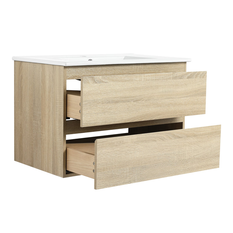 Meuble-lavabo moderne en chêne 30 po avec lavabo en céramique et 2 tiroirs à fermeture en douceur, 30", Naturel / Blanc