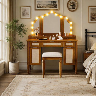 44.37" Makeup Vanity Desk with Stool Set, 13 Hollywood Bulbs & 3 Lighting Modes Dressing Table, Tri-Fold Mirror Large Vanity Table with Cushioned Stool, Charging Station, Ample Storage