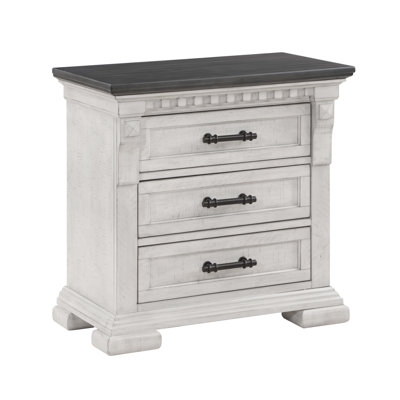 Table de chevet transitionnelle blanche antique avec 3 tiroirs - table de chevet en bois 3 pièces