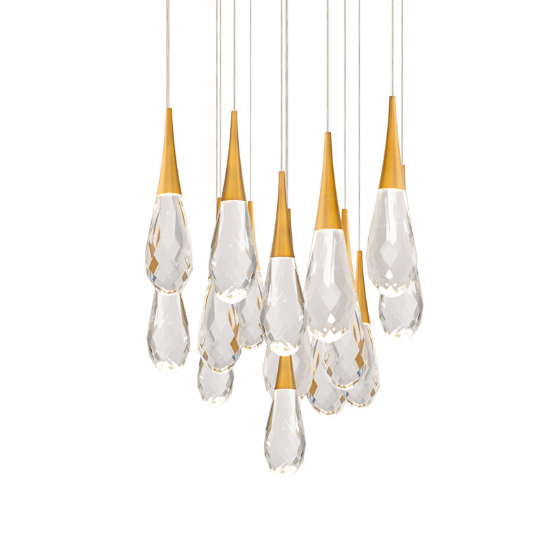 Hibiscus 15 Light Crystal LED Multi-Light Pendant, Aged Brass