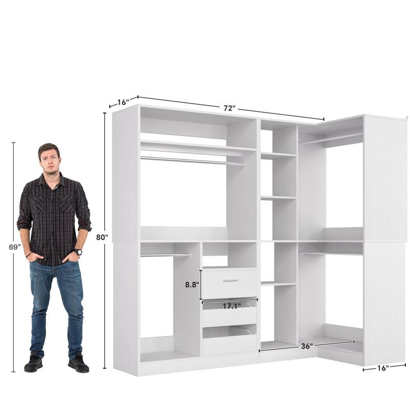 72"Closet System With 3 Drawers,3 Long Rods And 1 Short Rod, White