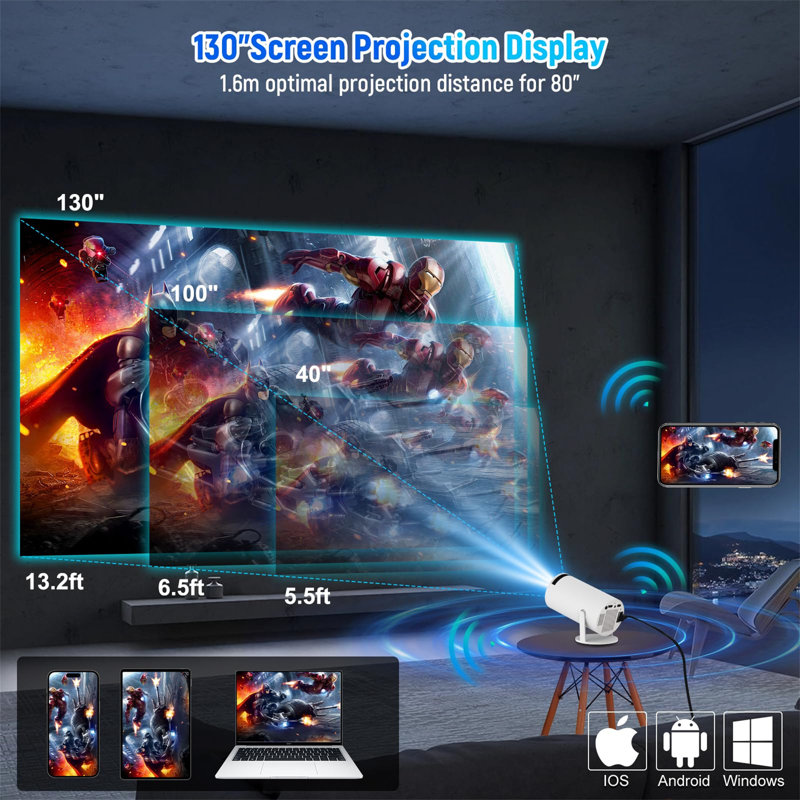 Mini Projector Android 11-8K Portable Projector 120 ANSI Lumens, Support 180 Degree Rotation And Automatic Keystone Correction, Wifi6, BT5.4, Home Theater Movie HD Projector Compatible With Laptop, HDMI, USB