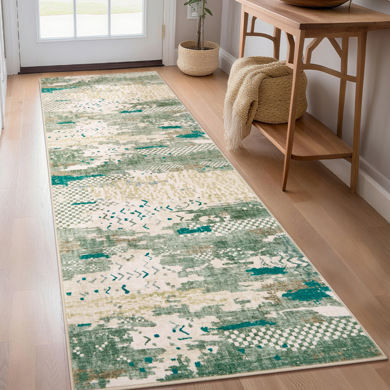 2'x6' Boho Abstract Machine Washable Runner Rug with Non-Slip Rubber Backing - Low-Pile, Stain Resistant Carpet for Hallway, Kitchen, Entryway
