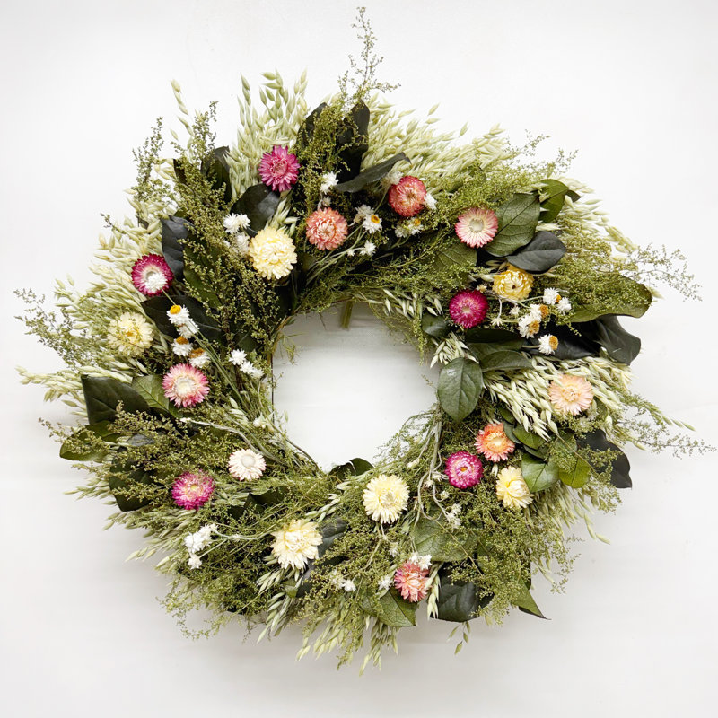 Preserved Leaves and Strawflowers Wreath, 30" W x 30" H x 6" D