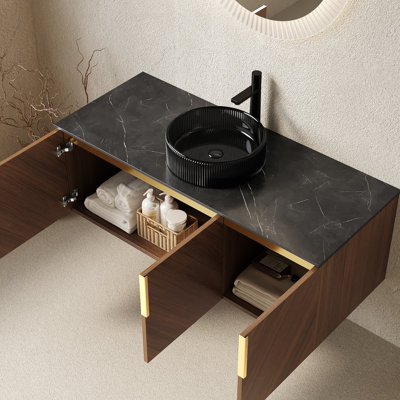 48" Bathroom Vanity And Sink , Transparent Black Round Basin, Brown Oak Cabinet With Diagonal Pattern, Soft Close System, Easy To Install Modern Storage Glass Grain, 3 Doors, Close, Large Capacity