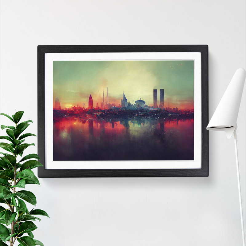 Dystopian London Skyline Abstract - Single Picture Frame Painting, Black, 46cm H x 64cm W x 2cm D