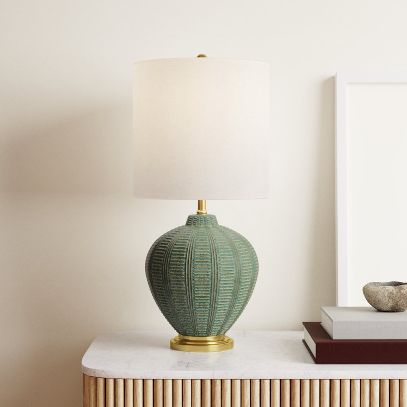 Green Ceramic Textured Table Lamp with White Linen Shade