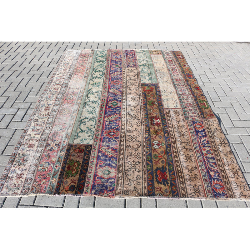 Tapis patchwork turc rétro avec rayures à la main pour un décor oriental unique