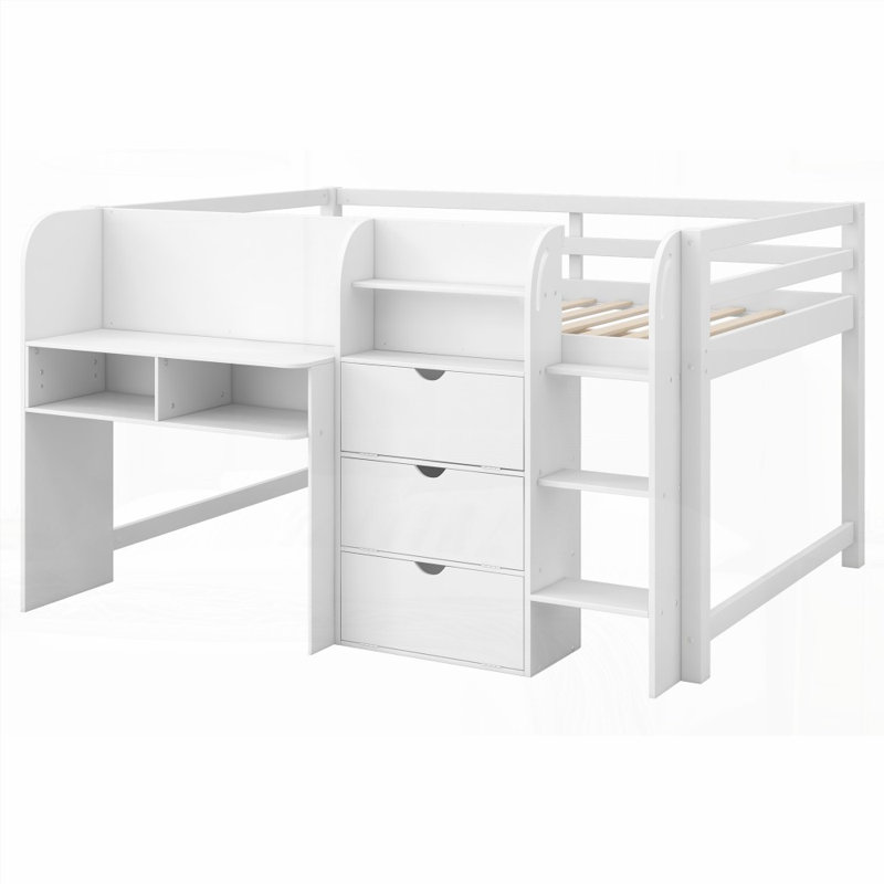 Lit mezzanine double pleine grandeur avec bureau intégré Rangement, aucun sommier requis, fabrication en pin robuste, Blanc