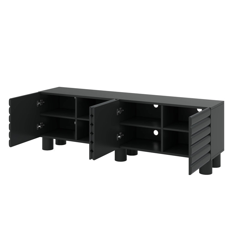Meuble télé de style crème, console multimédia à porte ondulée épaisse avec 4 armoires, centre de divertissement moderne avec pieds cylindriques