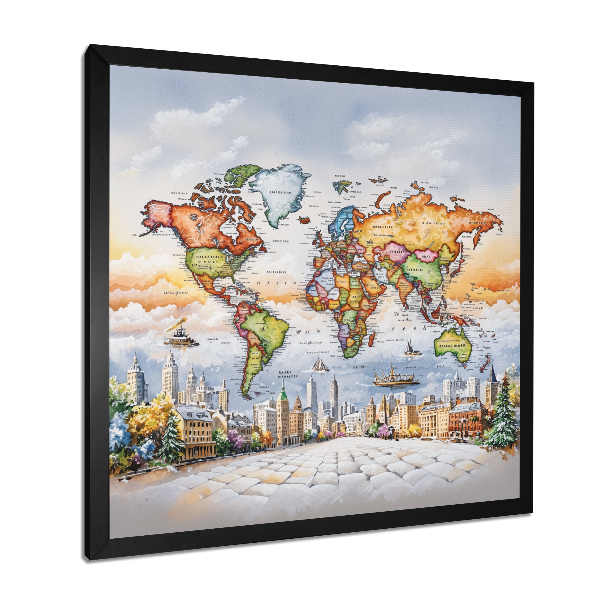 Statues World Map Red Barrel Studio Map Of The World With Monuments - World Map Wall Art ...