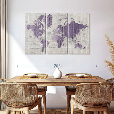 " Old World Map Purple Gray " 3 - Pieces