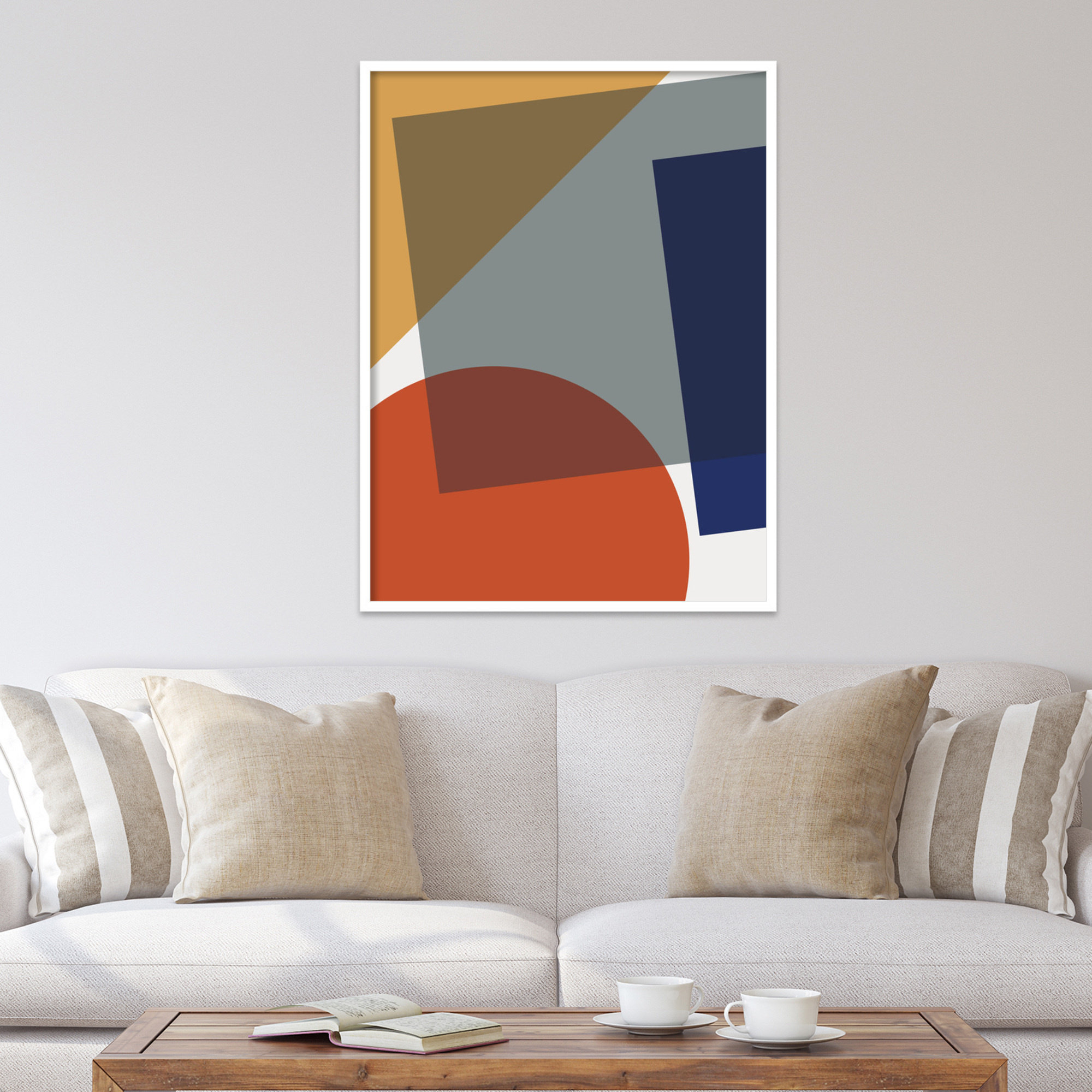Layered Shapes In Bright Colors, White Framed, 41" H x 31" W x 1" D
