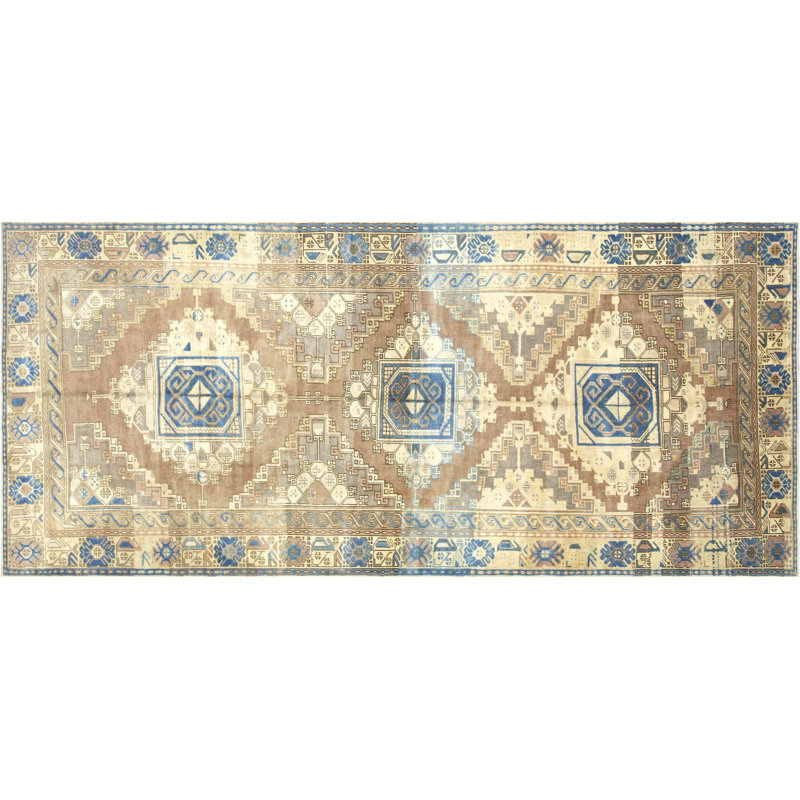 Tapis de couloir unique en laine noué à la main de style années 1960 de 4 pi 10 po x 11 pi 2 po gris / bleu / brun