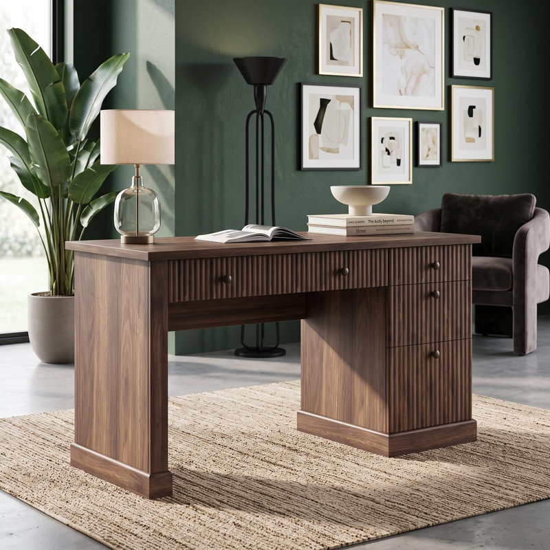 Rangement de bureau cannelé, bureau de direction moderne de 54 po avec station de charge, bureau d'écriture en bois avec classeur et tiroirs pour bureau, salon